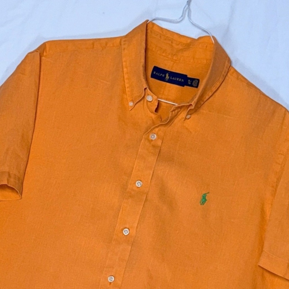 Ralph Lauren Mens Shirt XL Orange 100% Linen Short Sleeve Button Down Casual